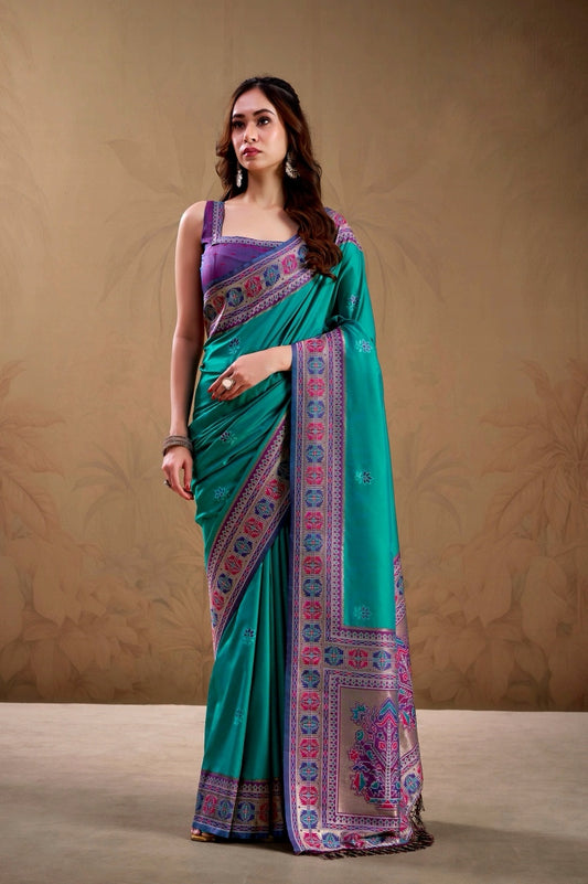 Turquoise green color Soft Silk Kanjivaram Readymade/Easy Saree