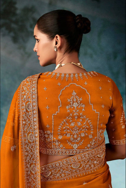Orange Embroidery Silk Readymade/Easy Saree