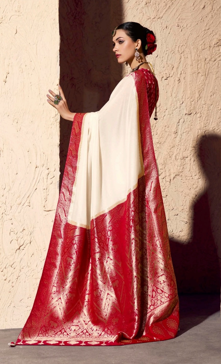 White Designer Silk Readymade/Easy Saree