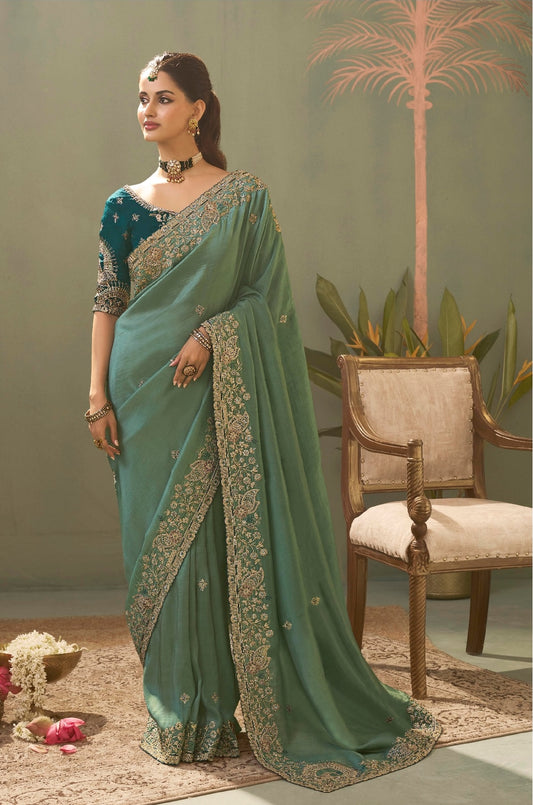 Teal Green Designer Silk Readymade/Easy Saree