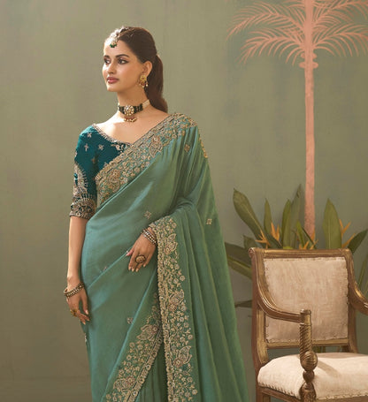 Teal Green Designer Silk Readymade/Easy Saree