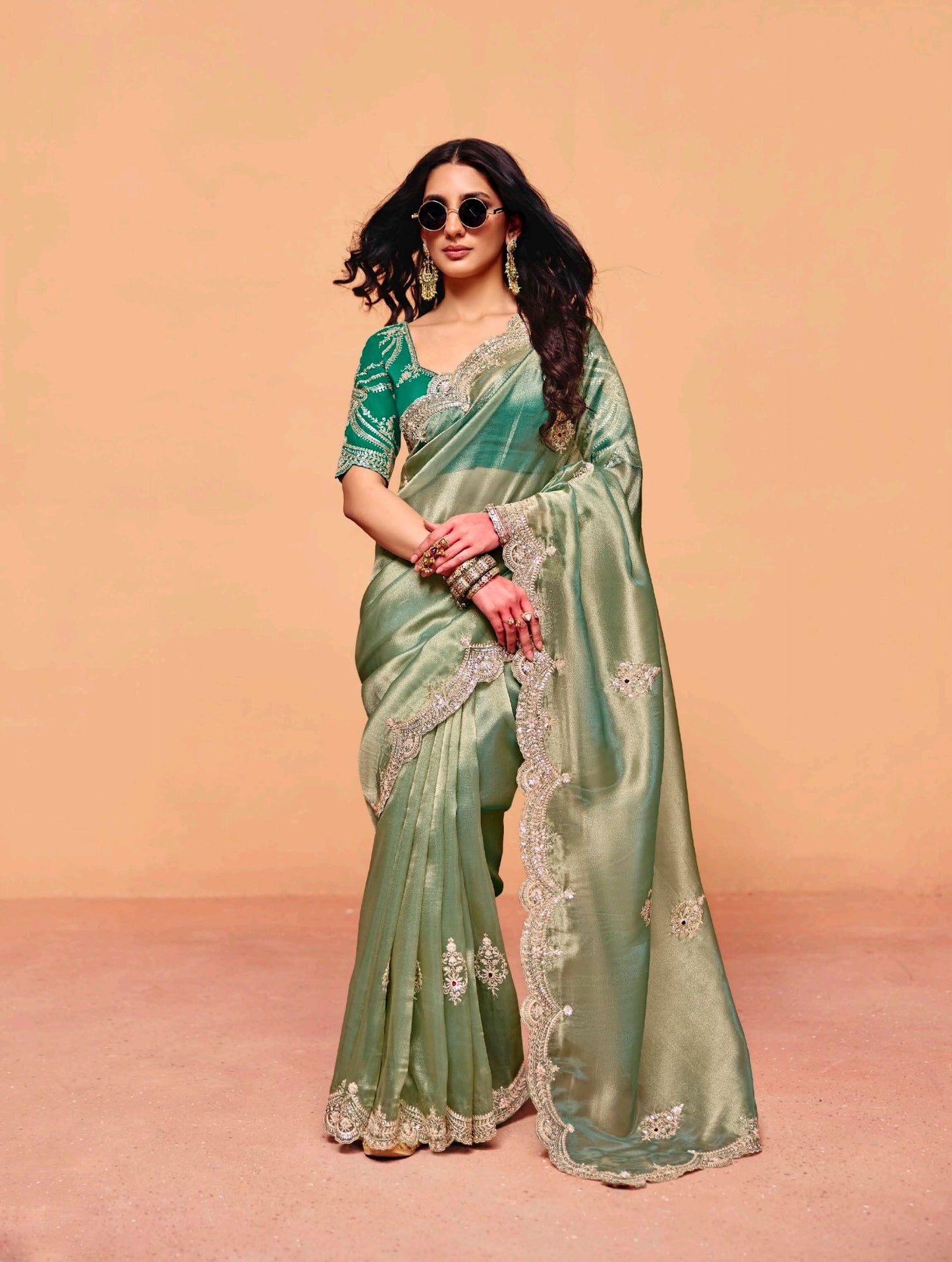 Sage Green Tissue Silk Readymade/Easy Saree - Panaash Saree