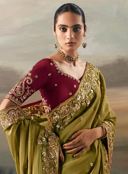 Olive Green Colour Party Wear Readymade Saree
