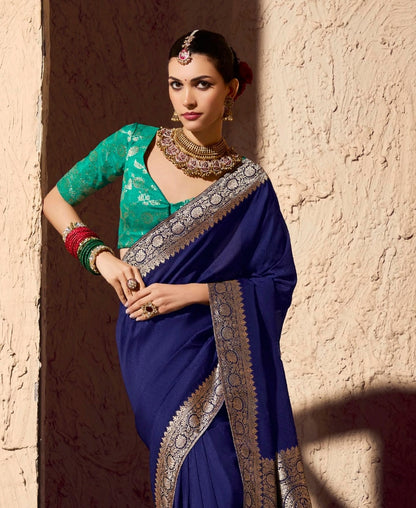 Navy Blue Designer Silk Readymade/Easy Saree
