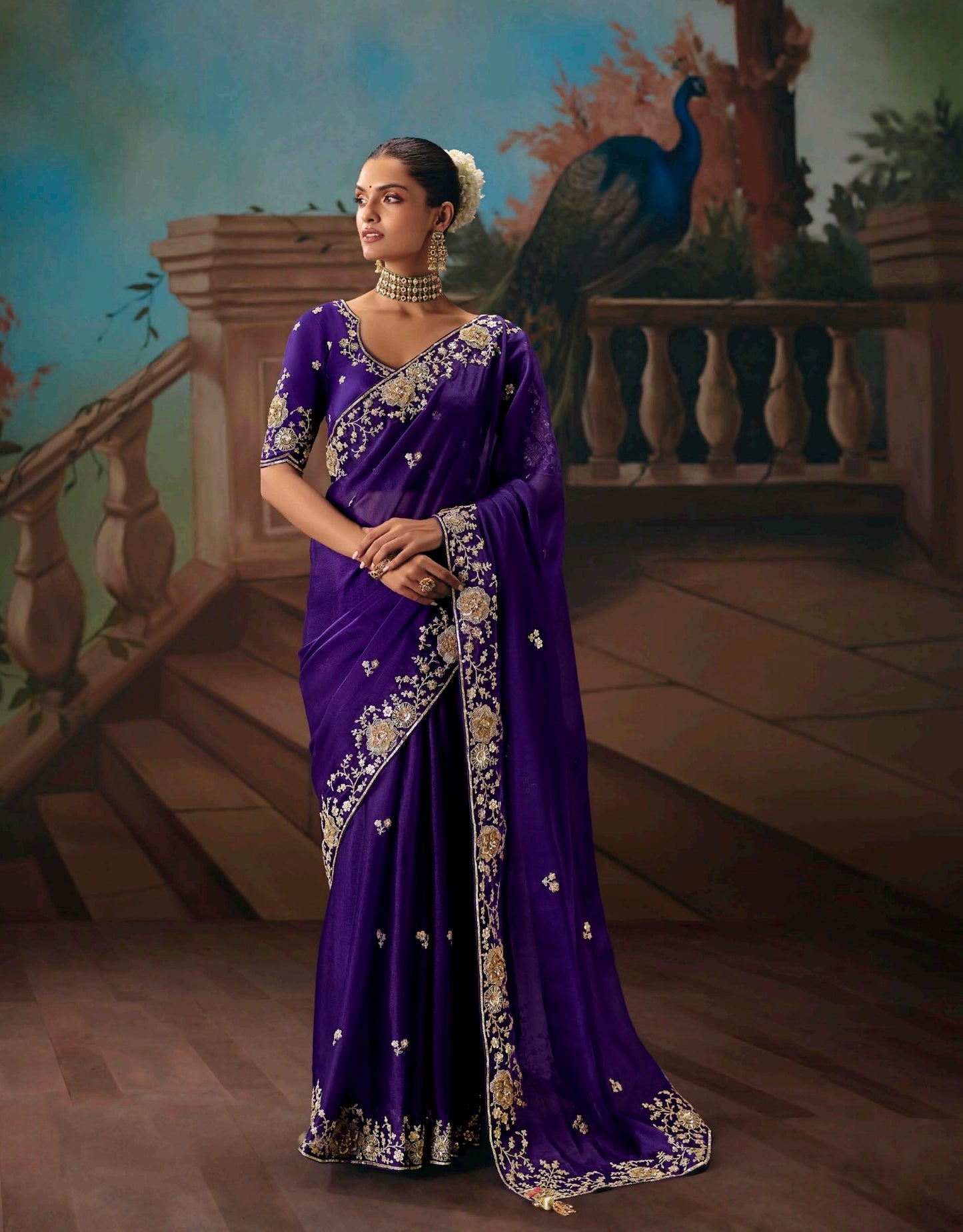 Royal Blue Designer Silk Readymade/Easy Saree