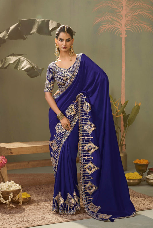 Royal Blue Designer Silk Readymade/Easy Saree