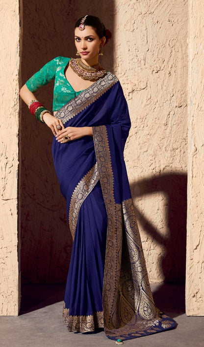 Navy Blue Designer Silk Readymade/Easy Saree