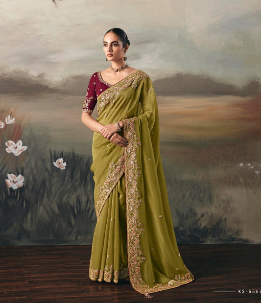 Olive Green Colour Party Wear Readymade Saree