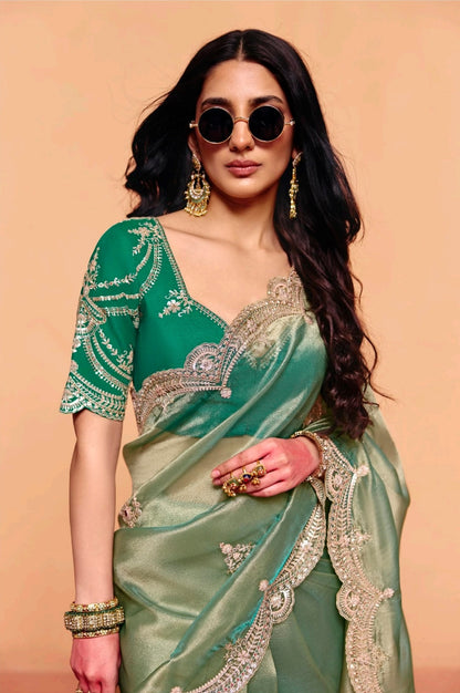Sage Green Tissue Silk Readymade/Easy Saree - Panaash Saree
