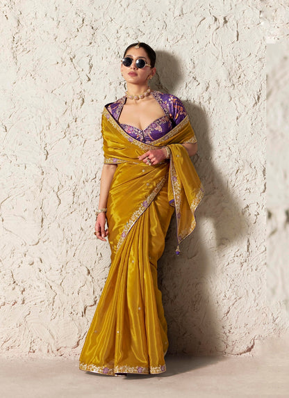 Mustard Fancy Tissue Silk Ready to wear/Easy Saree - Panaash Saree