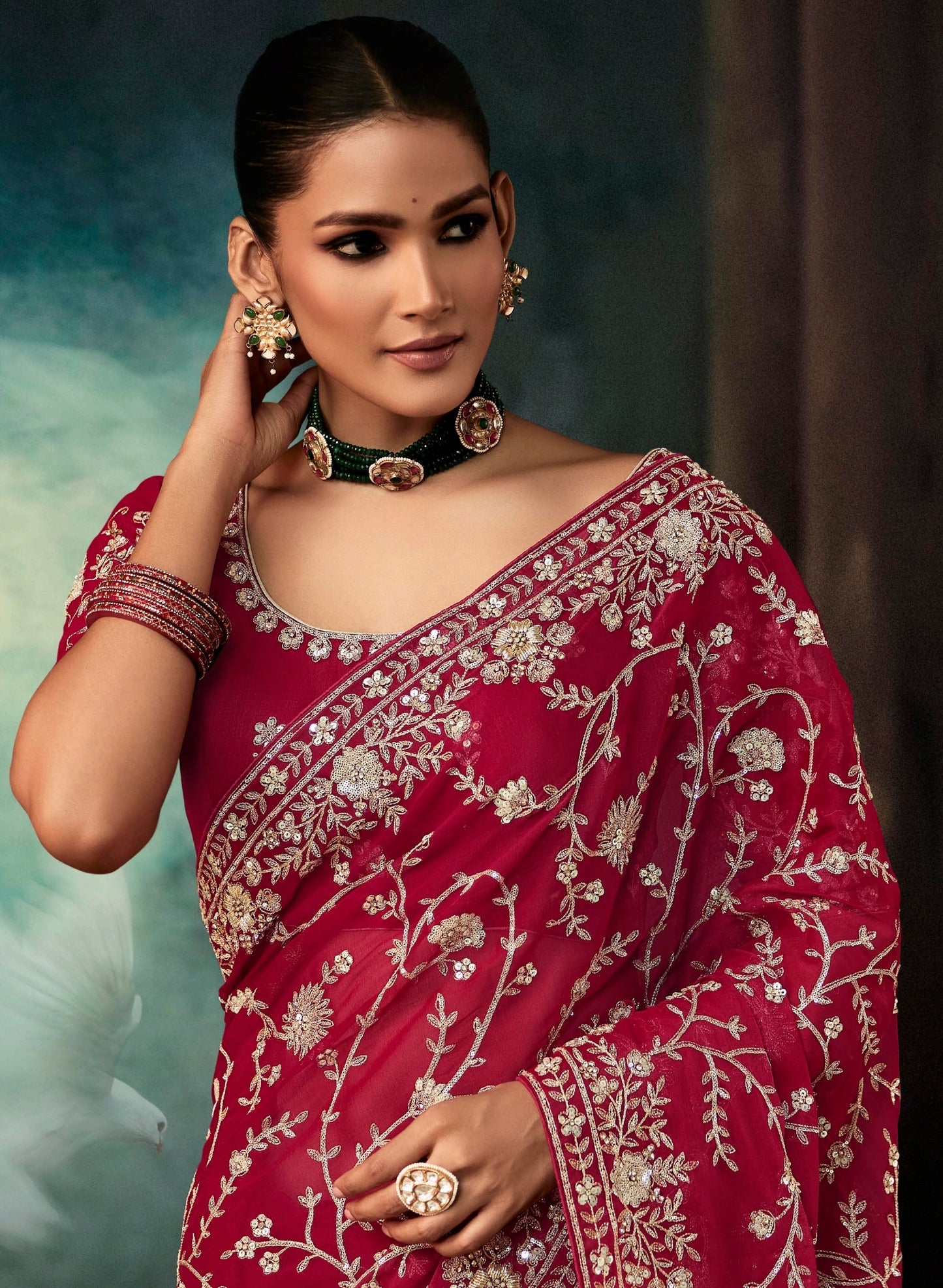 Maroon Embroidery Silk Readymade/Easy Saree