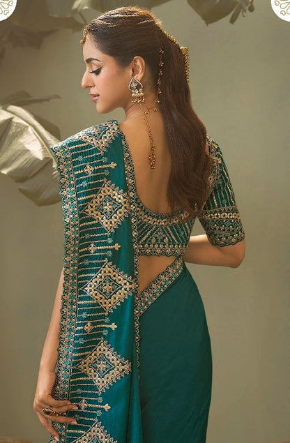 Teal Green Designer Silk Readymade/Easy Saree