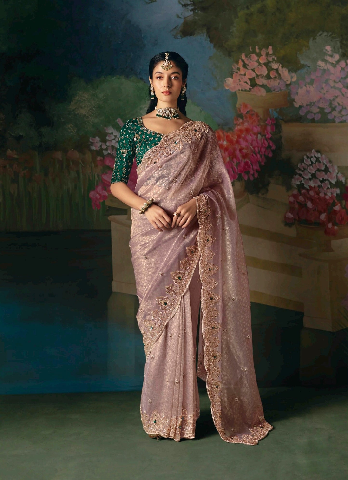 Dusty Pink Embroidery Silk Readymade/Easy Saree