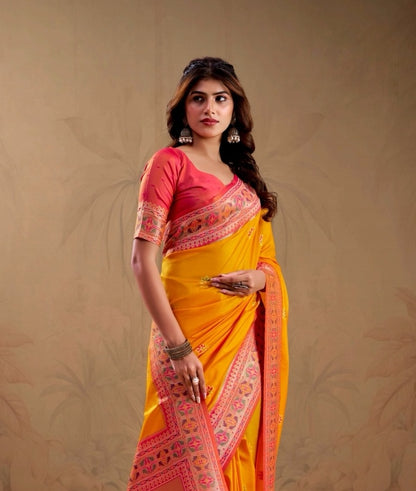 Mustard Yellow Soft Silk Kanjivaram Readymade/Easy Saree