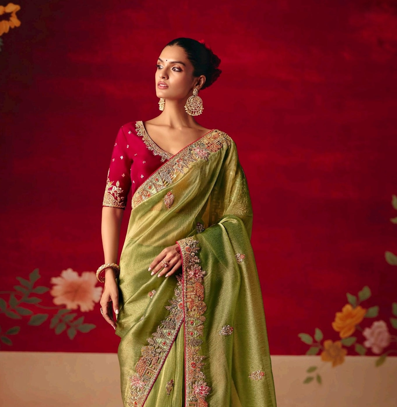Olive green Party Wear Readymade Saree