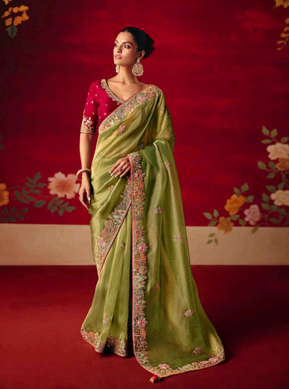 Olive green Party Wear Readymade Saree