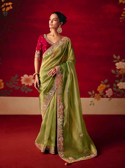 Olive green Party Wear Readymade Saree