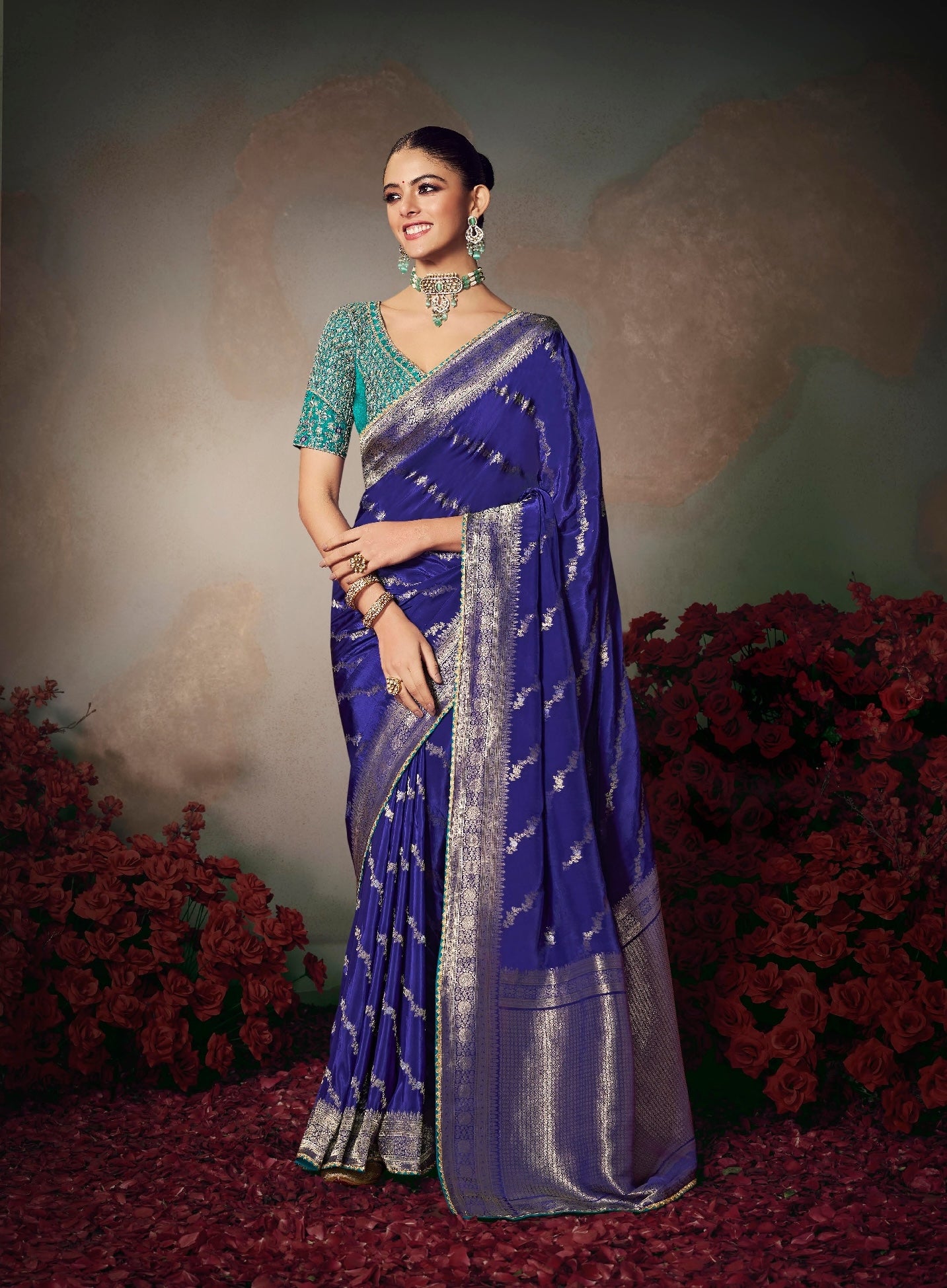 Navy Blue Designer Silk Readymade/Easy Saree