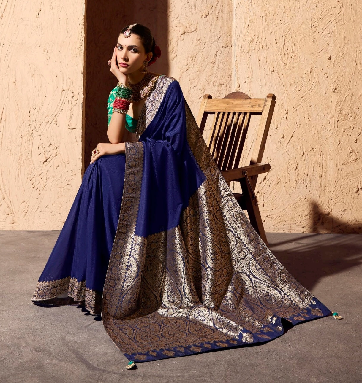 Navy Blue Designer Silk Readymade/Easy Saree