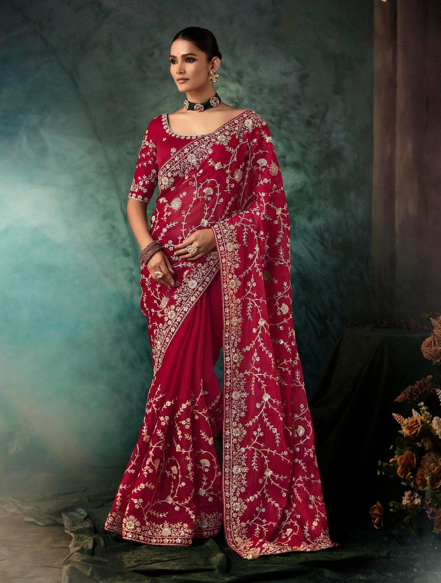 Maroon Embroidery Silk Readymade/Easy Saree