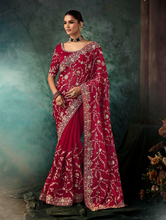 Maroon Embroidery Silk Readymade/Easy Saree