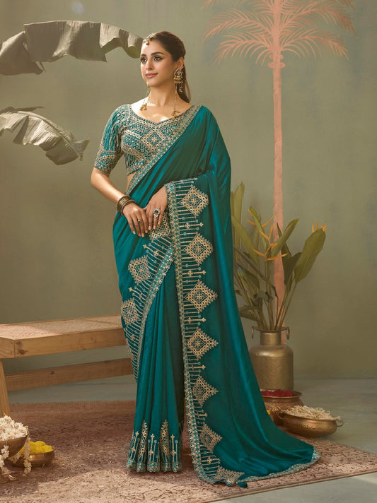 Teal Green Designer Silk Readymade/Easy Saree
