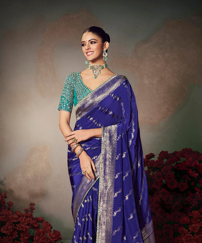 Navy Blue Designer Silk Readymade/Easy Saree