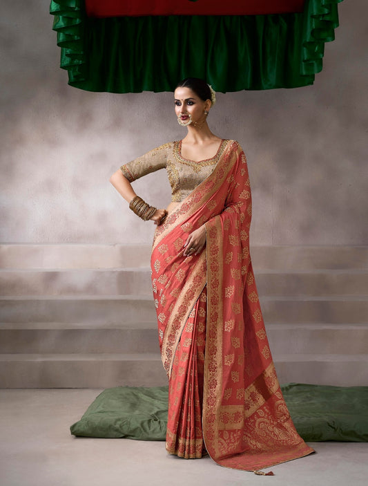 Orange Designer Kanjivaram Readymade/Easy Saree