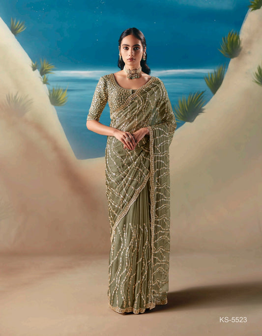 Olive Party Wear Readymade Saree