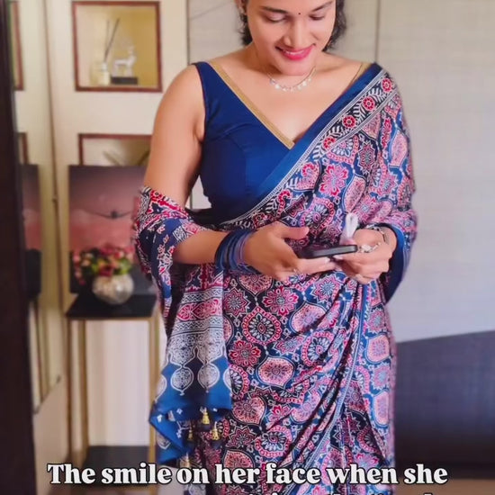 ndigo Crepe Ajrakh Silk Ready To Wear/Easy Saree by Stylebypanaash 
