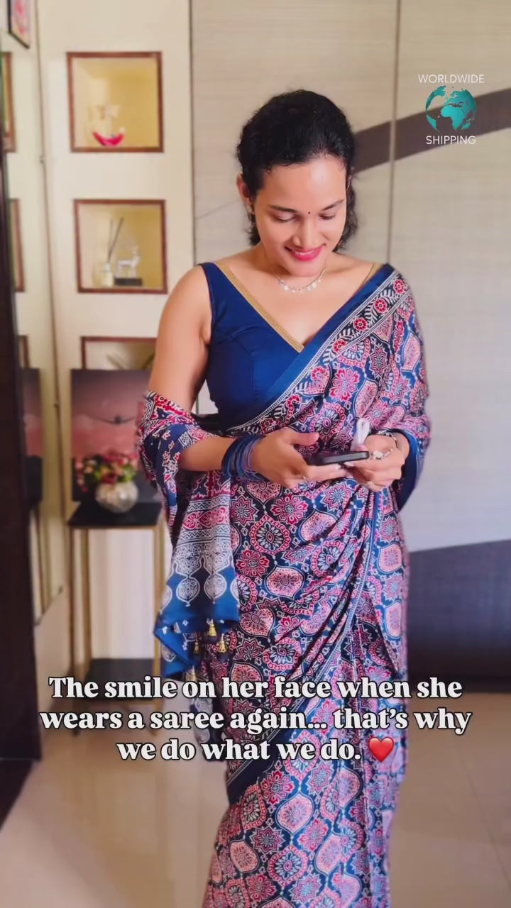 ndigo Crepe Ajrakh Silk Ready To Wear/Easy Saree by Stylebypanaash 