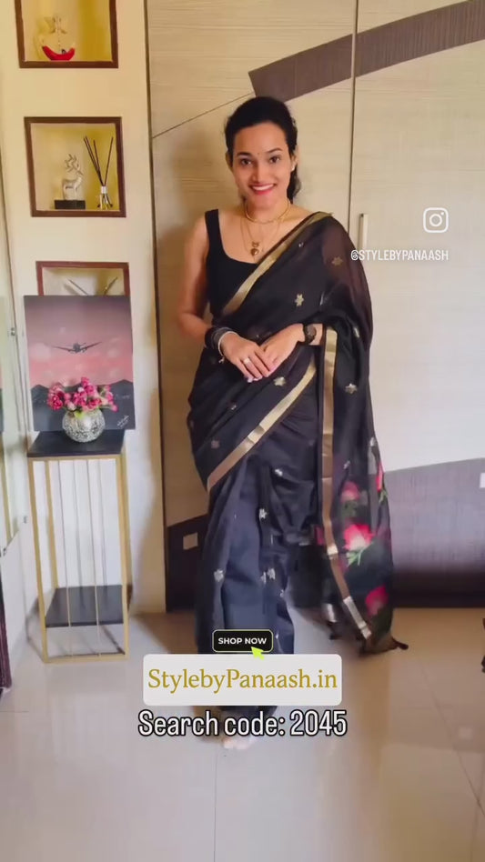 Black Cotton Ready To Wear/Easy Saree