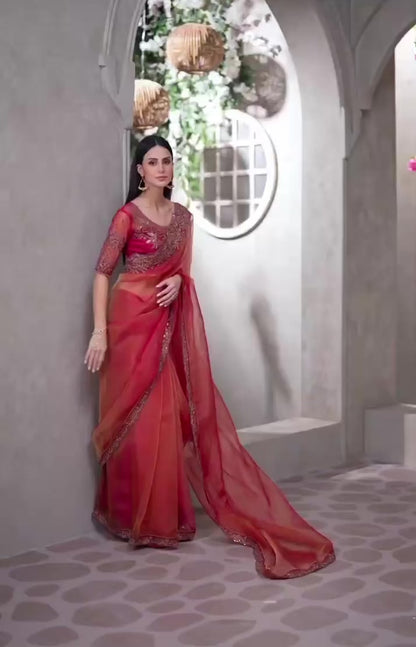 Rust Cocktail Party Wear Readymade Saree
