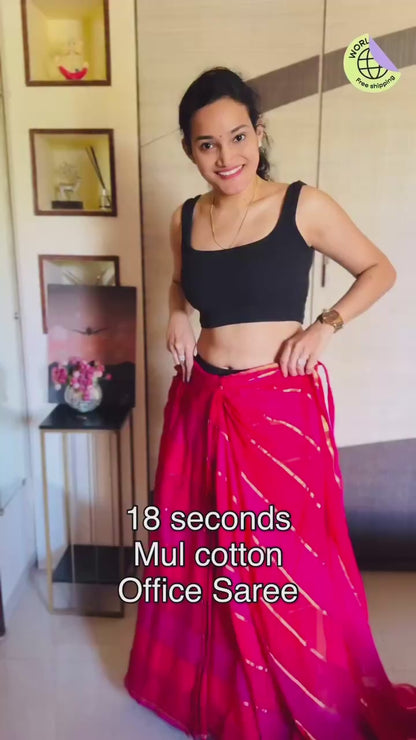 Bright Pink Mul Cotton Ready To Wear/Easy Saree