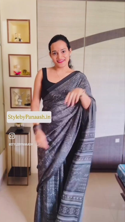 Black Color Printed Casual Crepe Readymade Saree