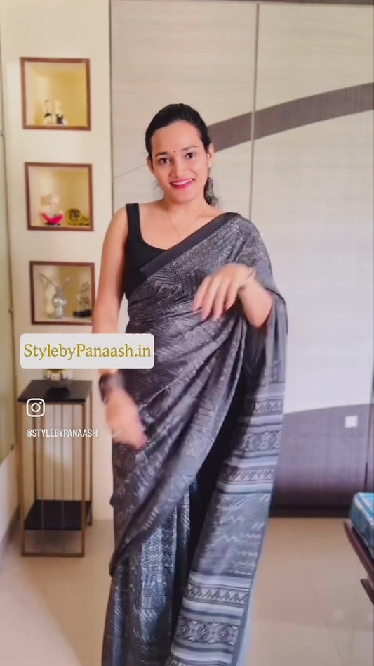 Black Color Printed Casual Crepe Readymade Saree