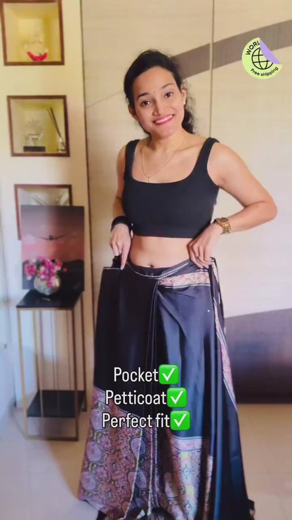 Black & Olive Green Crepe Silk Ready To Wear/Easy Saree