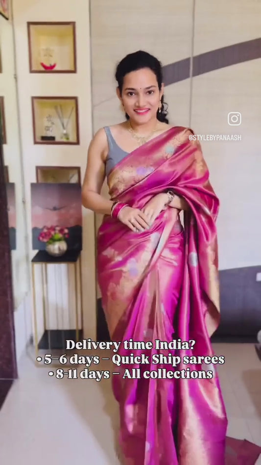 Wine Pink Banarasi Silk Readymade/Easy Saree