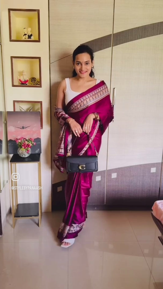 Plain Magenta Readymade Ajrakh Saree