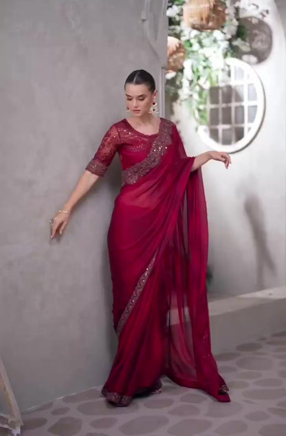 Maroon Cocktail Party Wear Readymade Saree
