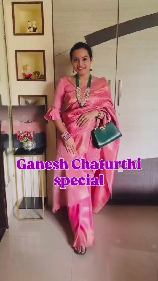 Peach Kanjivaram Silk Readymade/Easy Saree
