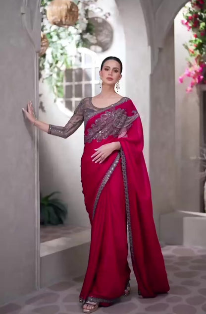 Red Cocktail Party Wear Readymade Saree