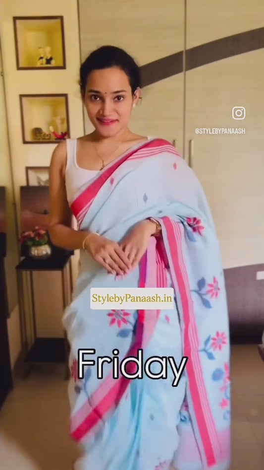 Powder Blue Color Resham Woven Cotton Office Wear Easy/Readymade Saree