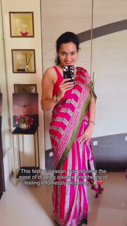 Pink & Green Stripe Mirror Crepe Silk Ready To Wear/Easy Saree