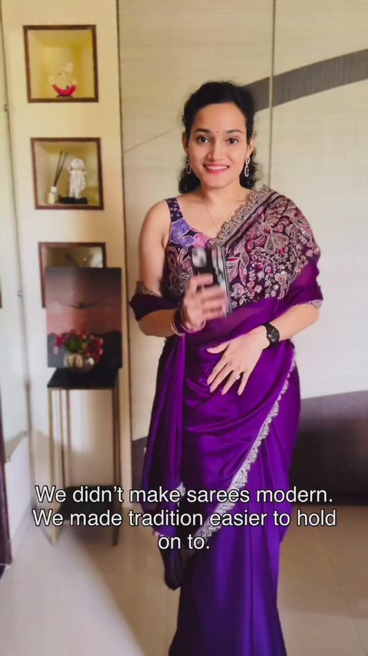 Royal Purple Cocktail Party Wear Ready To Wear/Easy Saree