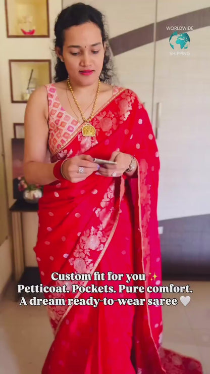 Red Designer Silk Ready To Wear/Easy Saree