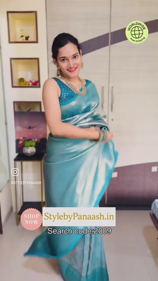 Turquoise Kanjivaram Silk Readymade/Easy Saree