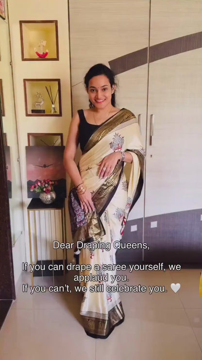 Ivory Crepe Silk Ready To Wear/Easy Saree