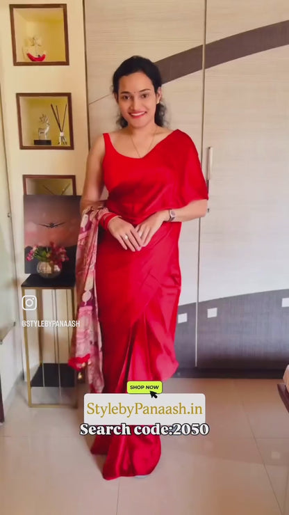 Red Crepe Silk Ready To Wear/Easy Saree