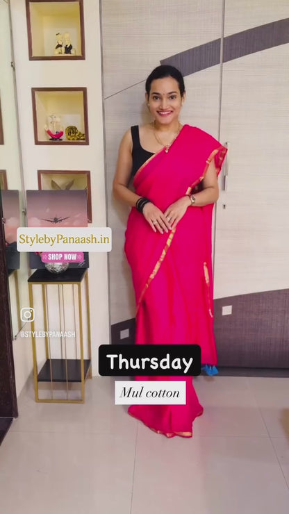 Pink Mul Cotton Casual Readymade/Easy Saree